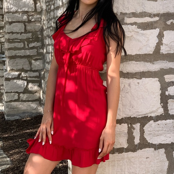 Elegant Red Ruffle Dress V Neckline Size S - Picture 4 of 7